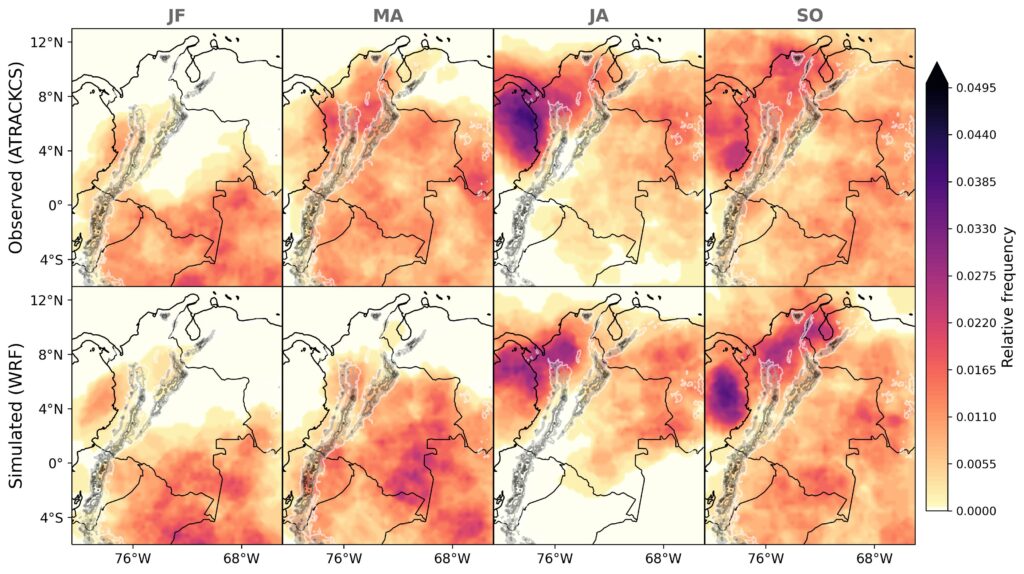 Figura 1. Frecuencia de SCM observados (paneles superiores) y simulados por WRF (paneles inferiores) para diferentes temporadas (meses).