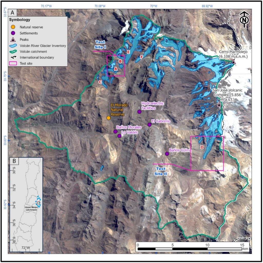 Figura 1. Glaciares del área de estudio y principales asentamientos en la cuenca del río Volcán. Letras rojas indican los glaciares presentados en la Figura 2: A) Glaciar El Morado, B) Glaciar Muñiri, C) Glaciar San Francisco, D) Glaciar Nieves Negras, E) Glaciar Loma Larga y F) Glaciar Cortaderas