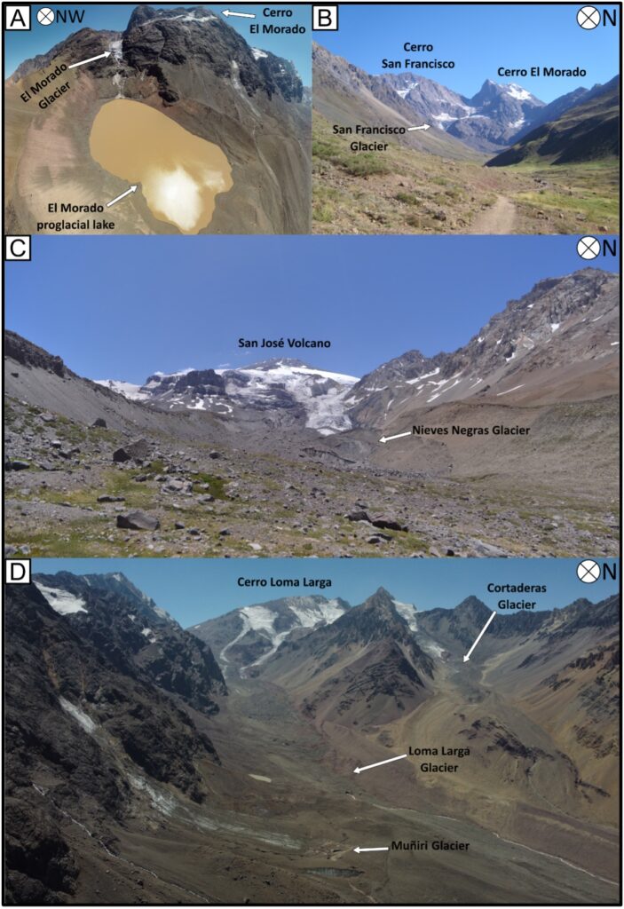 Figura 2. Glaciares de la cuenca del río Volcán. A) Glaciar y lago proglaciar El Morado. B) Cerro San Francisco y glaciar, y cerro, El Morado. C) Glaciar Nieves Negras en la cara sur del volcán San José. D) Glaciar Muñiri y glaciares cubiertos Loma Larga y Cortaderas con el cerro Loma Larga de fondo.