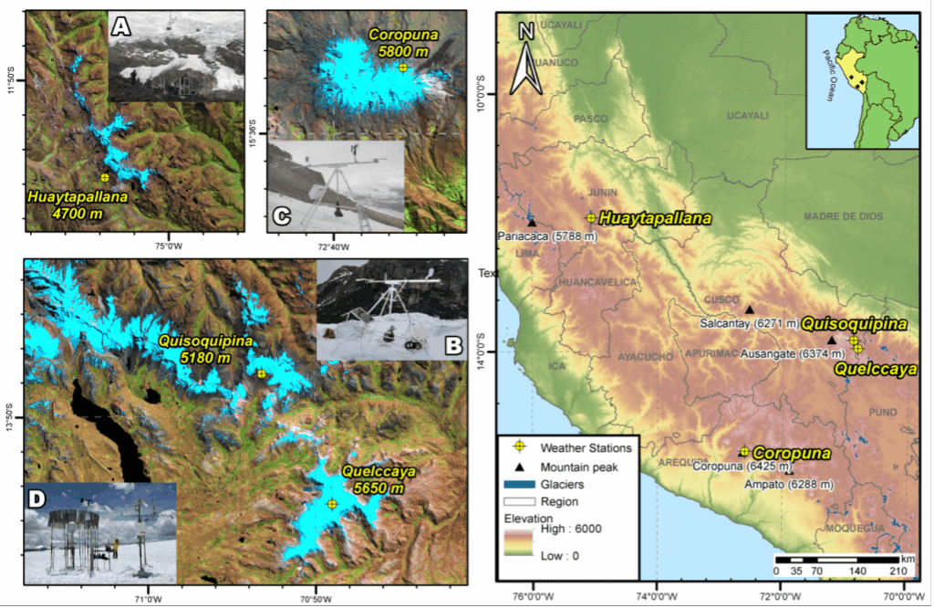 Figura 1. Mapa de ubicación de las estaciones meteorológicas automáticas en los glaciares: (A) Huaytapallana, (B) Quisoquipina, (C) Coropuna y (D) Quelccaya. Se muestran las respectivas elevaciones en metros de las estaciones y los picos de cordillera.