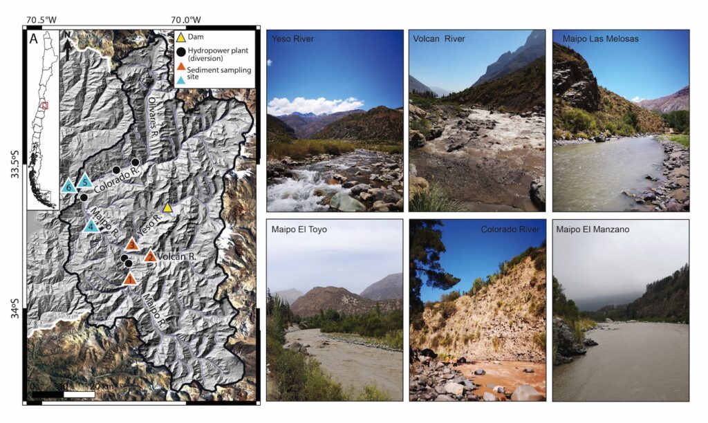Figura 1. Zona de estudio. Derecha, mapa de la cuenca alta del Río Maipo y ubicación de puntos de colección de muestreo. 1. Rio Maipo en Las Melosas, 2: Rio Volcán, 3: Río Yeso, 4: Maipo El Toyo, 5: Río Colorado, 6: Maipo El Manzano. Los triángulos azules distinguen los puntos donde además se colectaron las muestras asociadas al evento de precipitación de enero 2021. Izquierda: Vistas panorámicas de los puntos de muestreo.