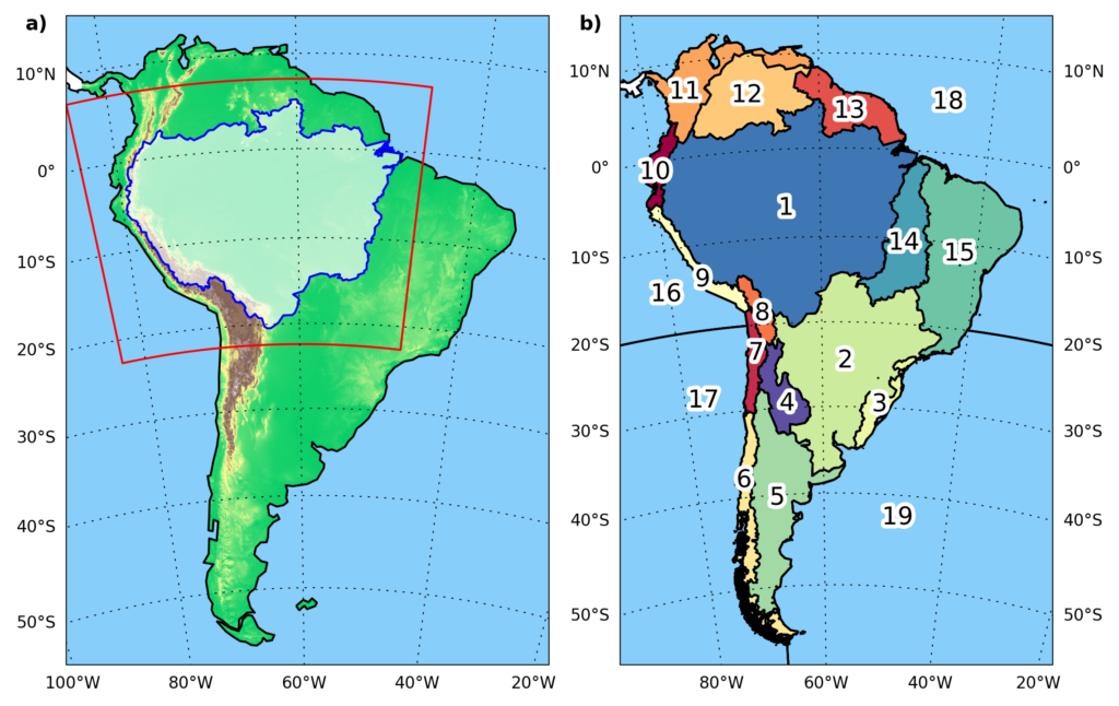 (a) Dominio de simulación WRF-WVT (rectángulo rojo) y región fuente (cuenca del Amazonas) delineada en azul. (b) Dominio de simulación 2L-DRM sobre Sudamérica y regiones fuente definidas.