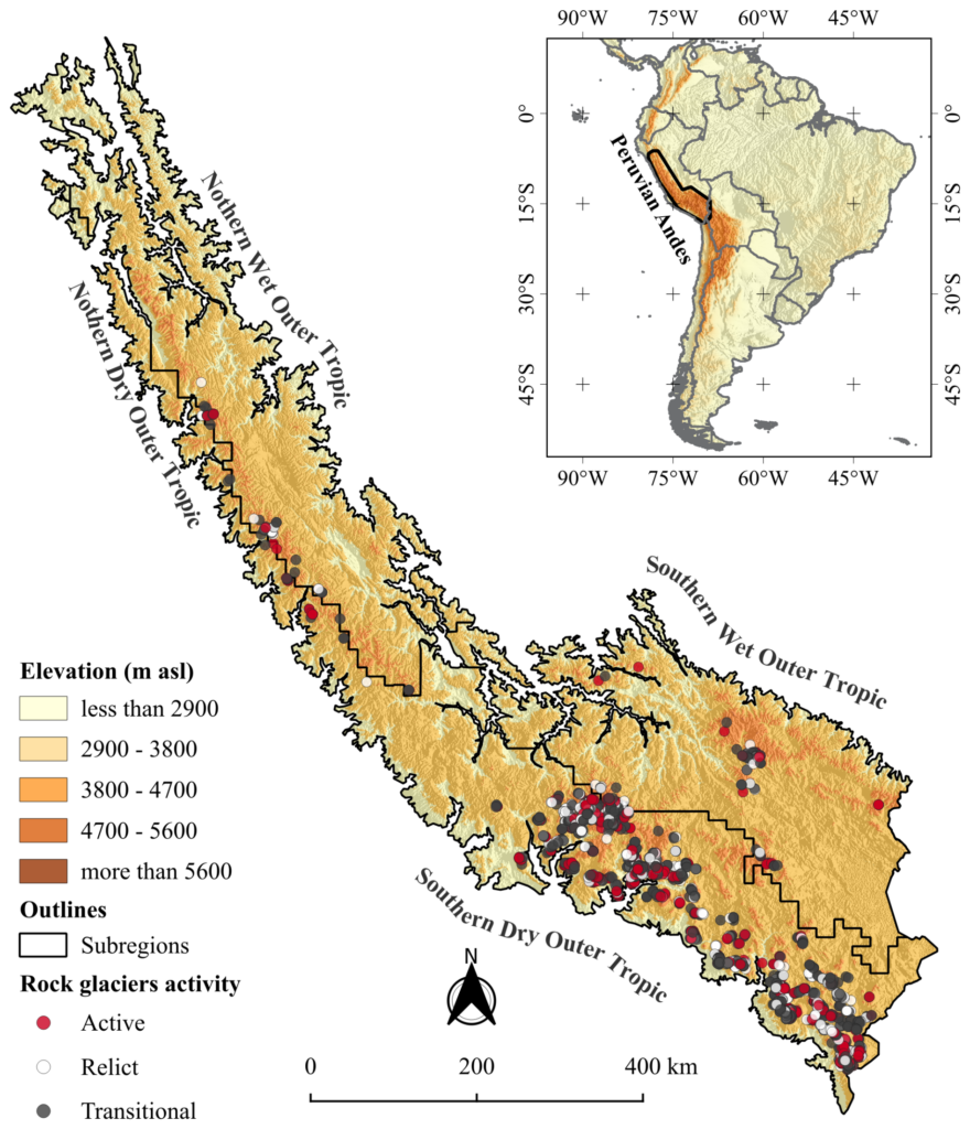 Figura. Distribución de glaciares rocosos (activos, transicionales y relictos) en los Andes del Perú y subregiones climáticas; la concentración hacia el sur es evidente. Imagen del artículo.