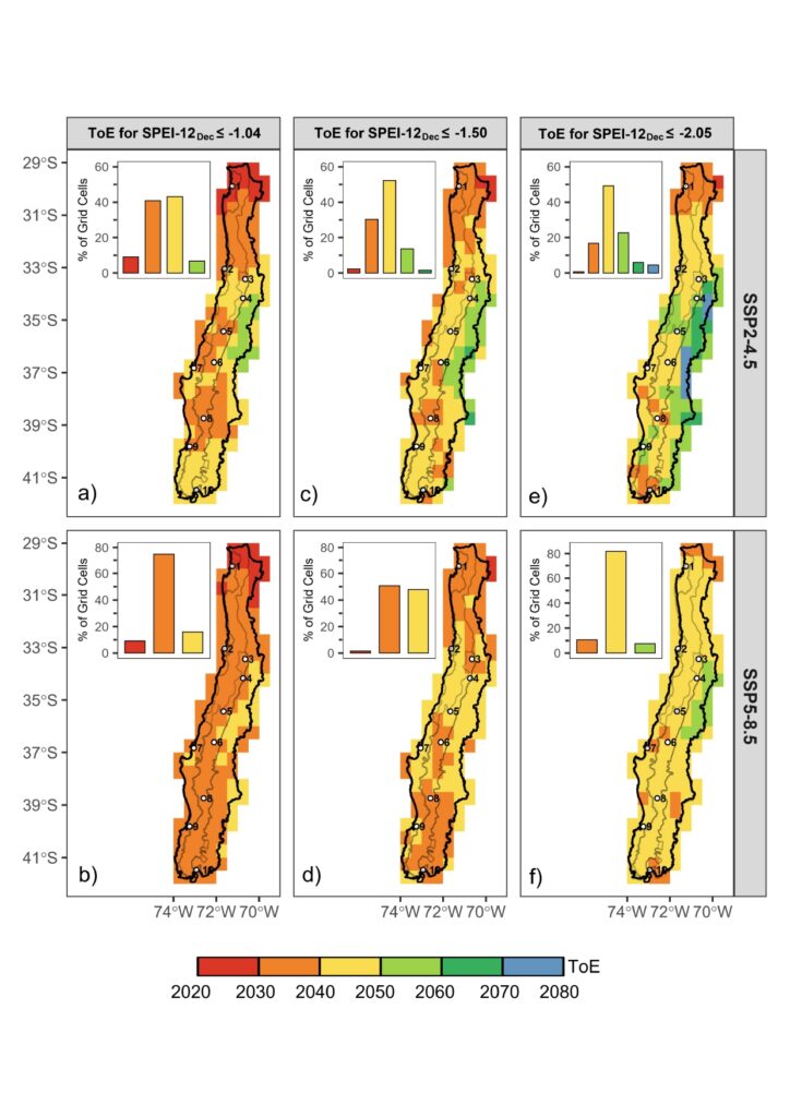 Figura 1. Distribución especial del ToE, representado por el percentil 50 de los GCMs, para diferentes condiciones de sequía bajo los escenarios SSP2–4.5 y SSP5–8.5.
