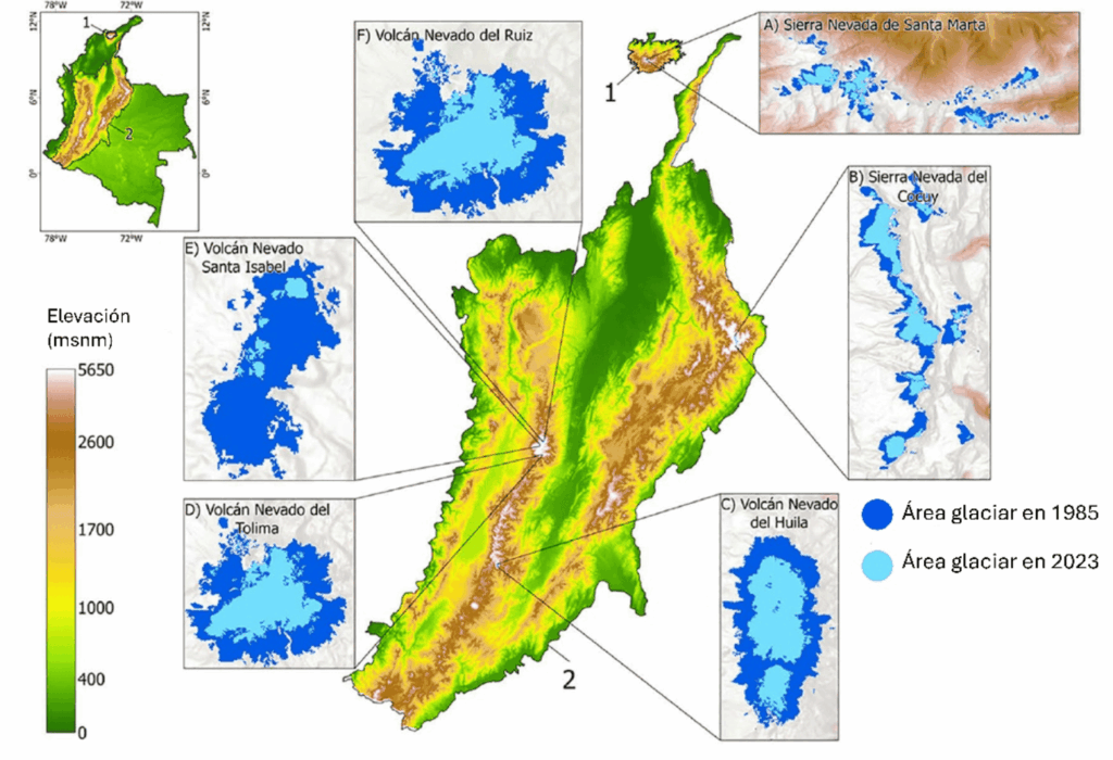 Cambios en la cobertura glaciar en los 6 glaciares colombianos. A) Sierra Nevada de Santa Marta, B) Sierra Nevada del Cocuy, C) Volcán Nevado del Huila, D) Volcán Nevado del Tolima, E) Volcán Nevado Santa Isabel y F) Volcán Nevado del Ruiz. Adaptado: (Avila-Diaz et al., 2026)