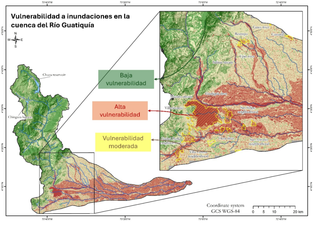 Mapa de vulnerabilidad a inundaciones en la cuenca del Río Guatiquía. Los municipios habitados están delineados en amarillo. Adapatado de Moreno-Abdelnur et al. 2026