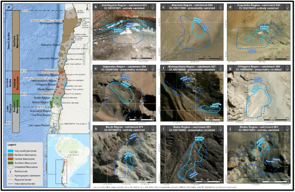 Figura 1. Área de estudio (panel izquierdo) y ejemplos de glaciaretes extintos y presuntamente extintos en las 9 regiones analizadas en Chile (panel derecho). Línea continua representa el contorno del glaciar de acuerdo con el Inventario Público de Glaciares 2022 (IPG2022) de la Dirección General de Aguas (DGA), mientras que la línea discontinua ilustra el contorno del glaciar según el Inventario Público de Glaciares 2014 de la DGA. Fuente: Ugalde et al. (2026).